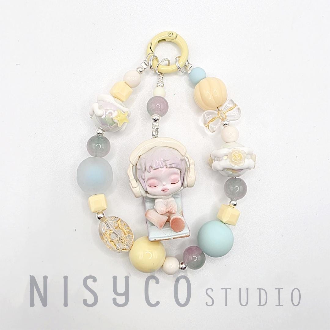 Nisi Handmade Skull Panda Mini Bean Keychain: Handmade Painted Beads, Crystal Charm