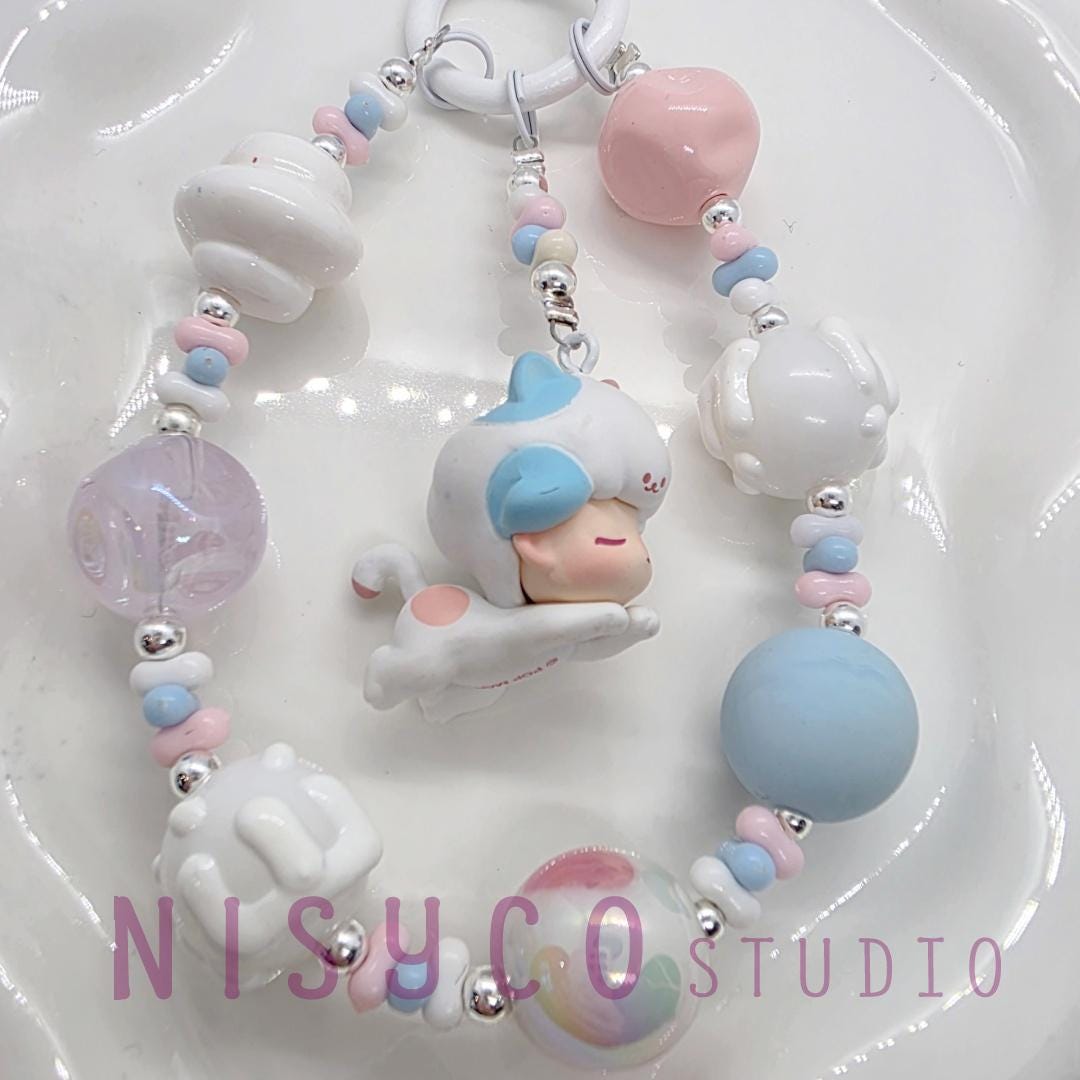 Handmade Beaded Keychain with Panda Charm, Pastel Cartoon Accessory Dimoo