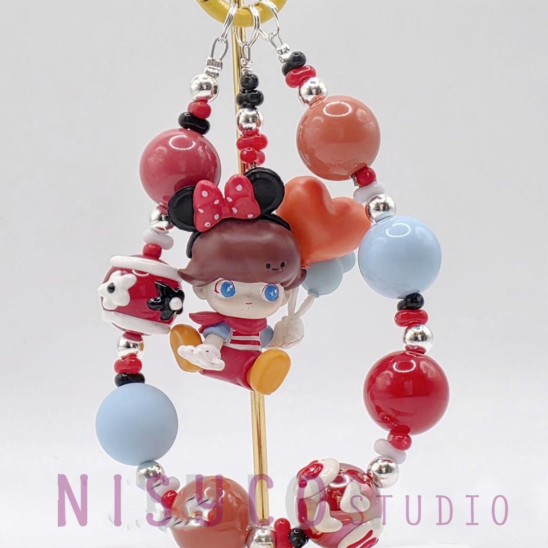 Handmade Beaded Keychain with Panda Charm, Pastel Cartoon Accessory Dimoo