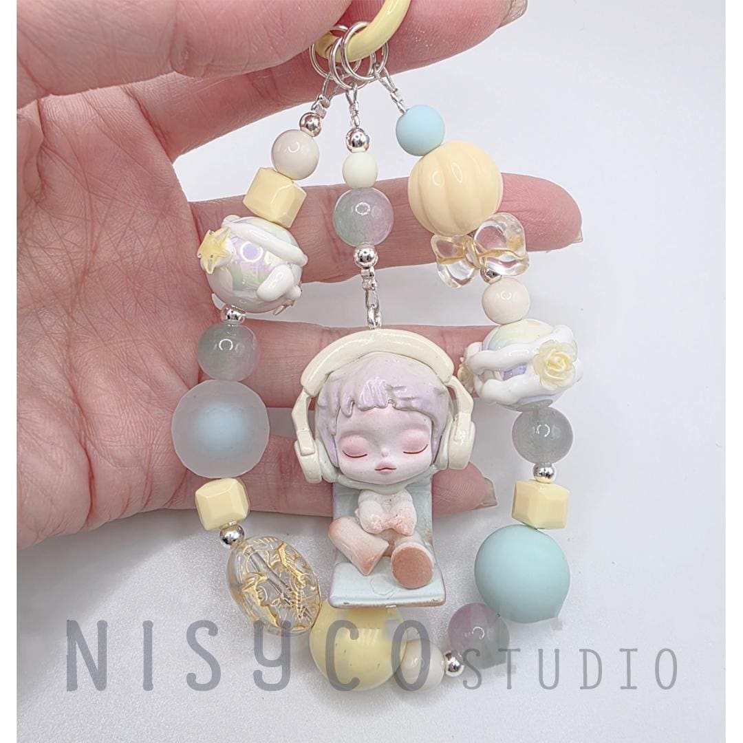 Nisi Handmade Skull Panda Mini Bean Keychain: Handmade Painted Beads, Crystal Charm