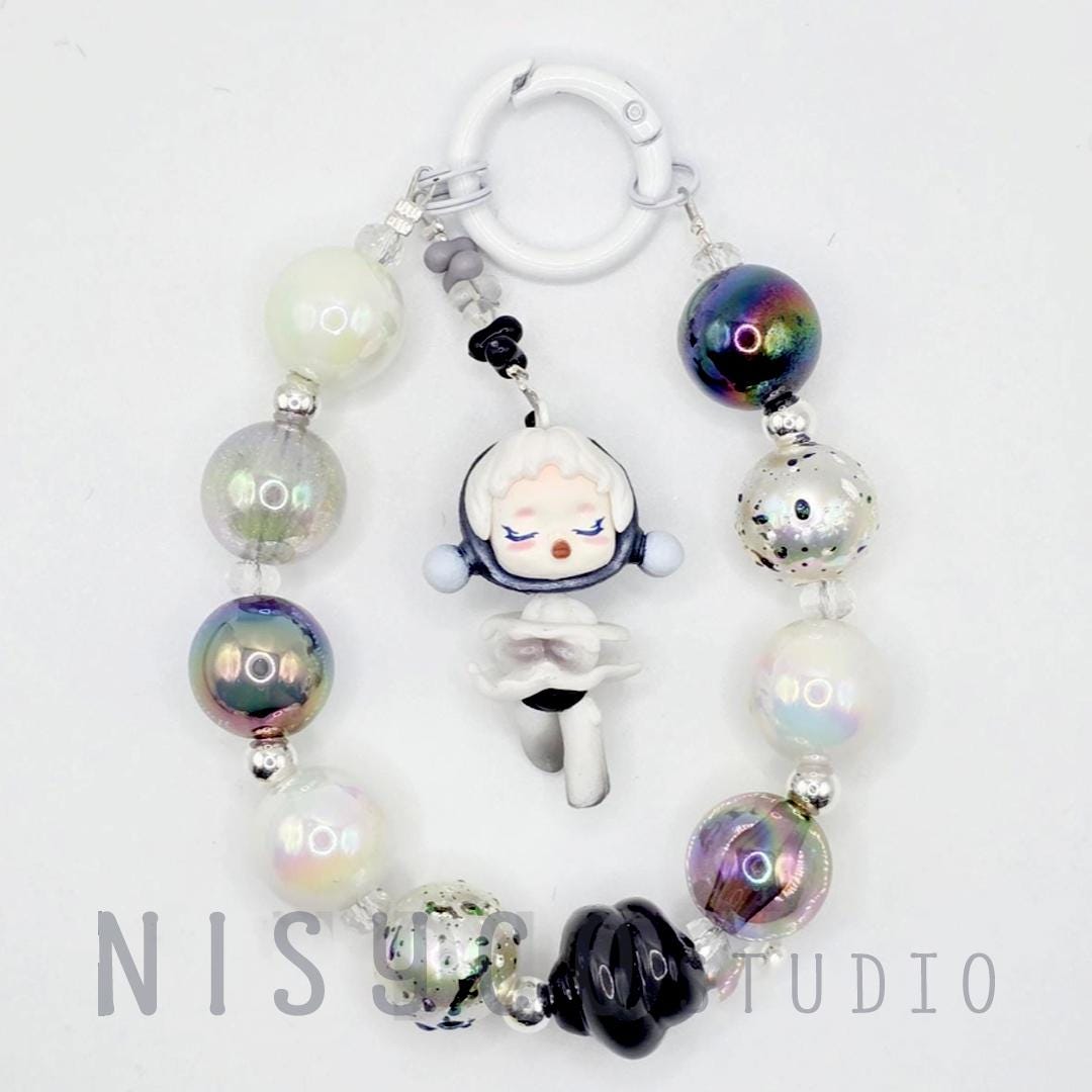 Nisi Handmade Skull Panda Mini Bean Keychain: Handmade Painted Beads, Crystal Charm