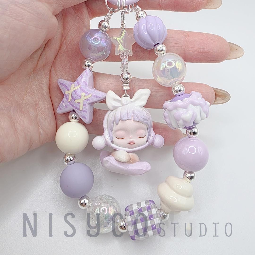 Nisi Handmade Skull Panda Mini Bean Keychain: Handmade Painted Beads, Crystal Charm