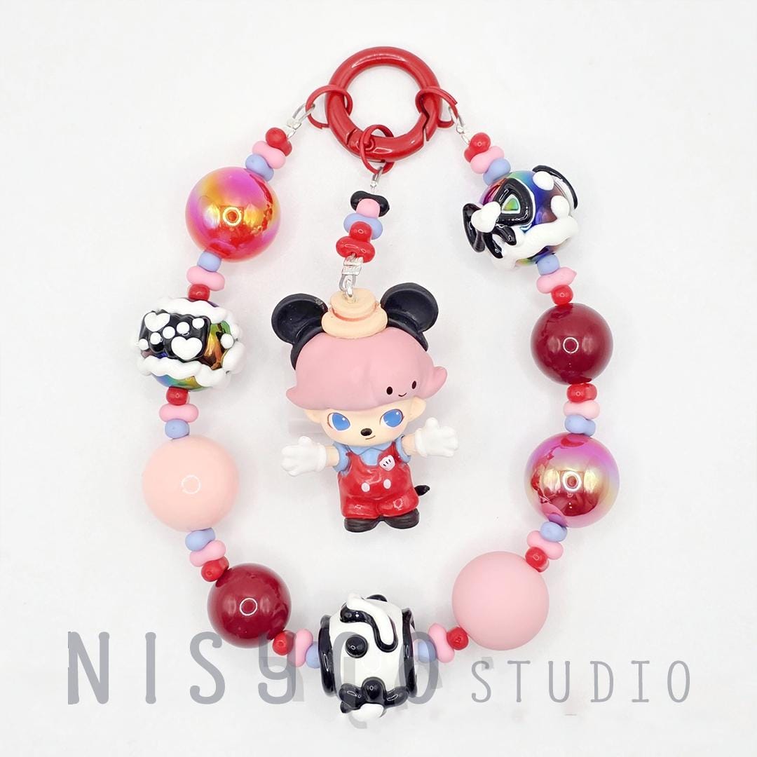 Handmade Beaded Keychain with Panda Charm, Pastel Cartoon Accessory Dimoo