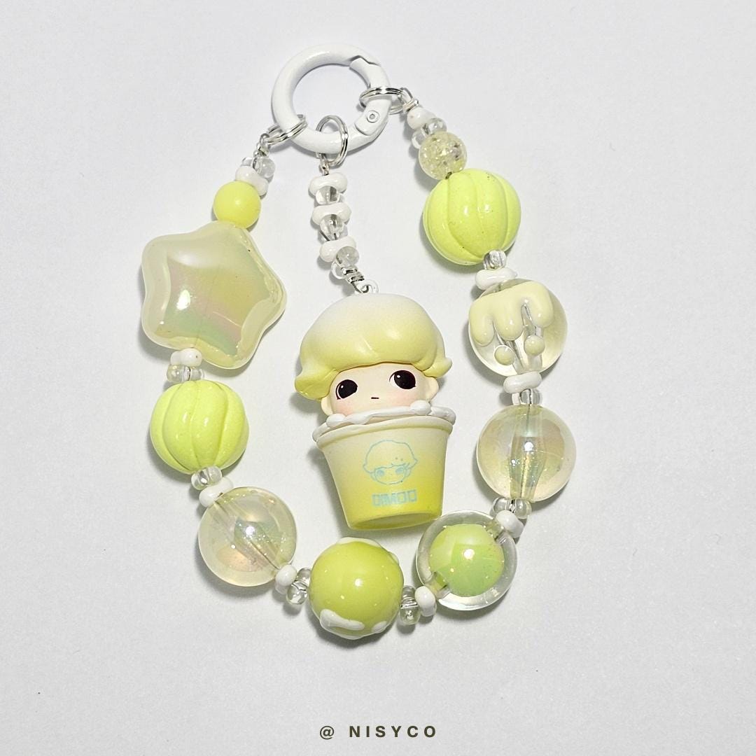 Handmade Beaded Keychain with Panda Charm, Pastel Cartoon Accessory Dimoo