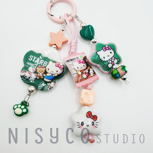 Kawaii Kitty Star Heart Keychain | Beaded Coffee Lover Bag Charm