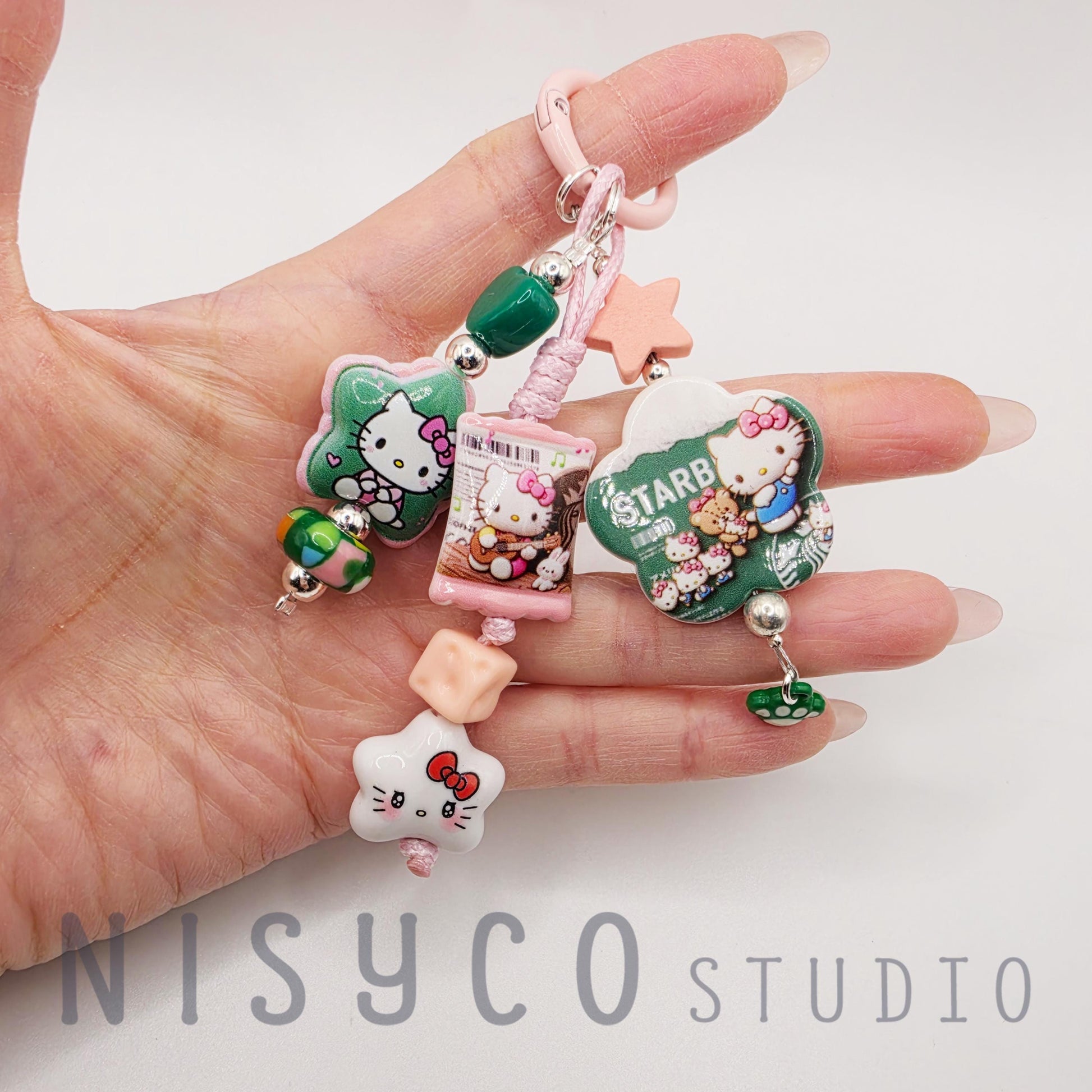 Kawaii Kitty Star Heart Keychain | Beaded Coffee Lover Bag Charm