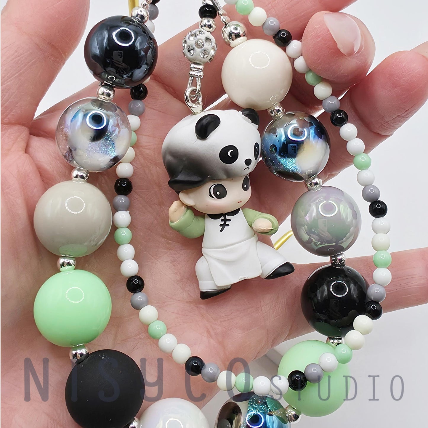 Handmade Beaded Keychain with Panda Charm, Pastel Cartoon Accessory Dimoo